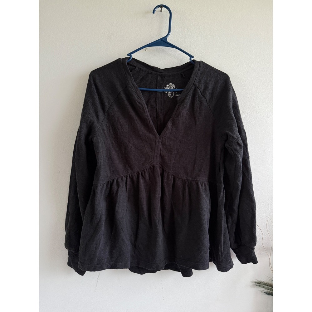 Pilcro Anthropologie Black Cotton Peplum V-Neck Babydoll Top XS Long Sleeve
